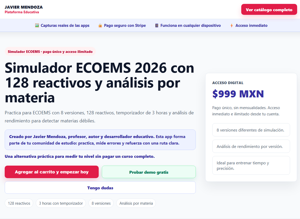 Página real de un simulador educativo con demostración, carrito y acceso digital